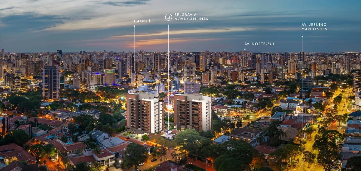 Vista aérea noturna do Nova Campinas com o Belgravia, o Cambuí, a Avenida Norte-Sul e a Avenida Jesuíno Marcondes.