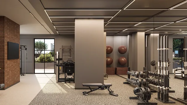 Academia de musculação com janelas para os jardins, perspectiva artística